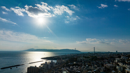 2023年1月　神戸市垂水区塩屋上空から明石海峡大橋方面の街並み