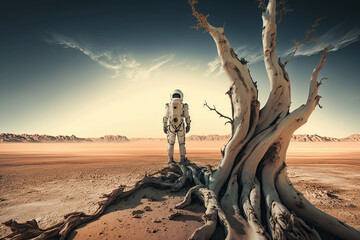 An astronaut standing near a big tree on planet Mars. Digital illustration created using Generative AI