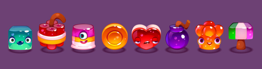 Cute jelly cartoon characters for game or app. Set of funny slime faces. Candy emotions creatures for ui interface, vector isolated icons. Fantasy collection with coin, heart and dynamite. - obrazy, fototapety, plakaty