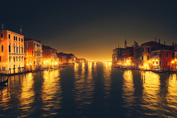Naklejka premium painting of venice at night with reclecting light made with Generative AI 