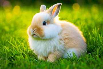 Fototapeta premium Cute fluffy rabbit sitting in the green grass. Created with Generative AI technology.