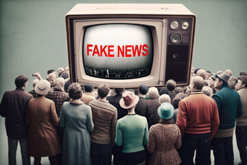 Fake News concept with crowd of people watching TV with text Fake News. Created with Generative AI technology.
