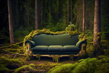 Old couch, old furniture concept with sofa overgrown by waving standing in the woods. Created with Generative AI technology.
