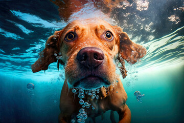 Funny labrador dog swimming under water created with Generative AI technology.