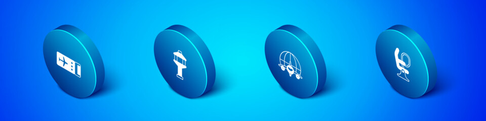 Set Isometric Airline ticket, Globe with flying plane, Airplane seat and Airport control tower icon. Vector