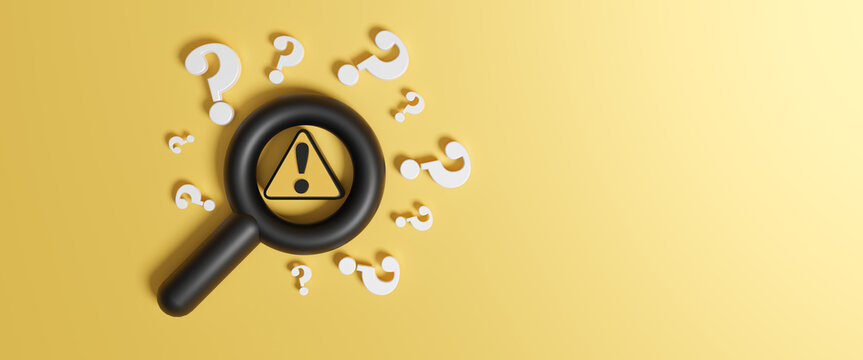 Magnifying glass with yellow triangle caution warning sign and question mark for notification error. Tool for searching. Magnifier found danger, risk, or error. Illustration concept design. 3d render