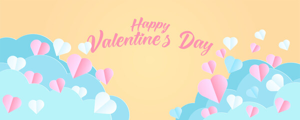 Horizontal banner with yellow background sky and blue paper cut clouds. Place for text. Happy Valentine's day sale header or voucher template with hearts.