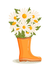 Bouquet of white chamomile flowers in orange rain boot. Spring composition for Women's Day, Mother's Day, Valentine's Day and other holidays. Spring floral design isolated vector illustration.