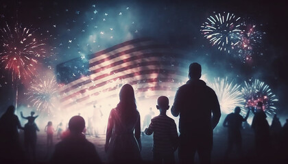 Fototapeta na wymiar Famille devant le drapeau américain, USA, États-unis, célébration, feux d'artifice, fête nationale (AI)