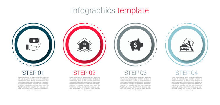 Set Money With Shield, House Flood, Piggy Bank And Car Damaged By Fallen Tree. Business Infographic Template. Vector