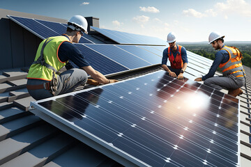 workers installing solar panels in house roof. generative ai