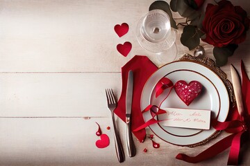 Valentines Day table setting, dinner in a restaurant, roses petals, hearts, plates and cutlery - generative ai