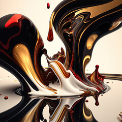 Surreal abstract art of gloss black, white and gold paint flows and splashes, with color gradients and glare effects made with Generative AI