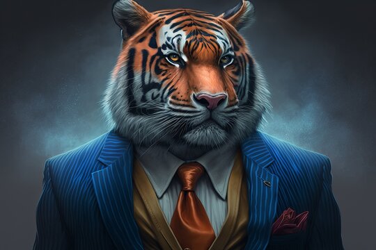 Tigerin the office in his business suit - Postproducted generative AI digital illustration.
