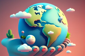 Naklejka premium Cartoon style hand holding a planet earth. Earth day concept. 3D Render. Generative AI
