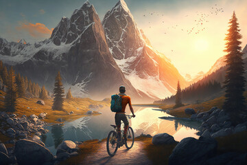 Unrecognizable man cyclist, tourist, with backpack on a bike looking at mountain and lake scenery, sunset, enjoying view, AI Generated.
