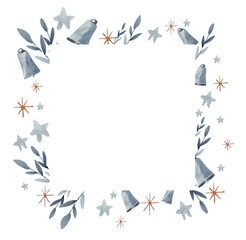 Square frame in blue-gray shades, watercolor, with leaves, bells, stars on , for your design. On a transparent background