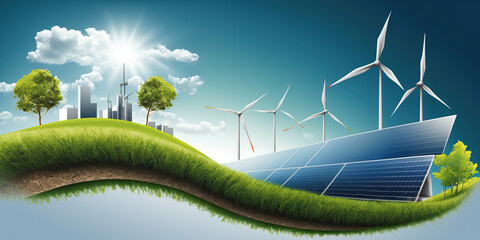 renewable energy banner background with green energy as wind turbines and solar panels - obrazy, fototapety, plakaty