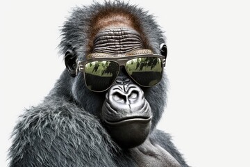 gorilla with sunglasses Beautiful Portrait of a Gorilla. severe silverback, anthropoid ape, stern face. isolated background,Generative AI
