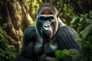 Silverback mountain gorilla looking intently into camera
