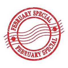 FEBRUARY SPECIAL, text written on red postal stamp.