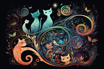 botanical boho cats, twisted and spiral pattern, watercolors - Postproducted generative AI digital illustration