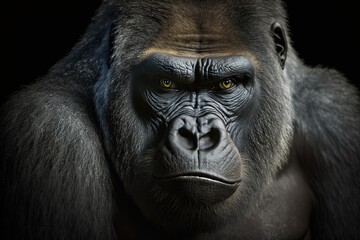 Naklejka premium Portrait face powerful dominant male gorilla on black background, Beautiful Portrait of a Gorilla. severe silverback, anthropoid ape, stern face. isolated black background,Generative AI