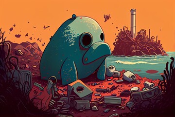 Plastic trash, hazardous waste, and suffering animals are polluting the environment. The environment is shown in a cartoonishly contaminated state. Generative AI