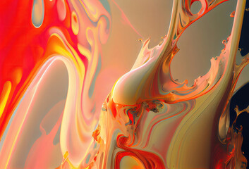 Surreal abstract art of gloss red, blue, and gold paint flows and splashes, with color gradients and glare effects made with Generative AI