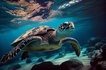 Fototapeta premium Sea turtle swimming in ocean -. Generative AI