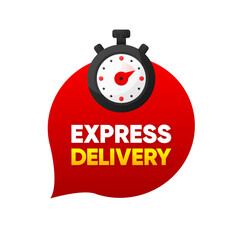 Express Delivery. Red ribbon with clock and fast delivery inscription. Banner for retail, delivery, shop, social media, advertising. Modern design. Vector illustration.