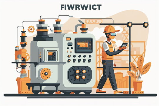 Cute cartoon characters,  factory and working person using wifi technology to control, maintenance worker, vector illustration, white background, Made by AI,Artificial intelligence