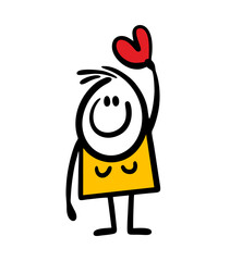 Stick figure woman hold red heart in rising up hand and smiling.