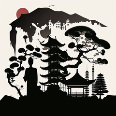 Obraz premium Japan landmarks, vector illustration silhouette, Made by AI,Artificial intelligence