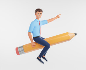 Happy cartoon character businessman blue shirt ride big yellow pencil isolated over white background.