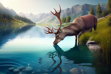Majestic Deer in Idyllic Nature Drinking from a Pristine Lake - A Symbol of Environmental Protection and Sustainability. Generative AI