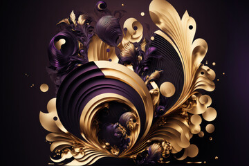 Generative AI illustration of  gold and purple abstract colorful vibrant floral style background