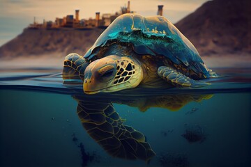 turtle in sea with water pollution. Generative AI