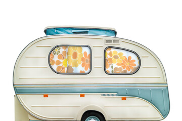 Vintage seventies white caravan with flower curtains - obrazy, fototapety, plakaty