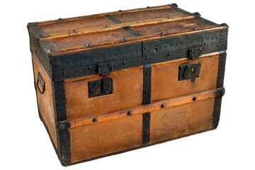 Ancient weathered wooden chest with black metal ornaments