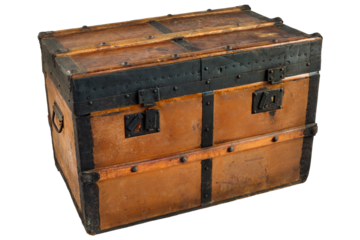Ancient weathered wooden chest with black metal ornaments