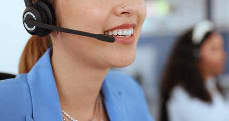 Headset, call center or woman talking, office or online help for consulting. Female agent, consultant or girl with microphone, conversation or advice for customer support, workplace or client service