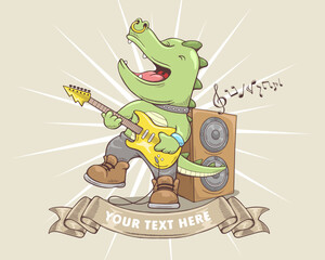 Vector illustration in hand drawn style, cartoon funny dinosaur playing electric guitar, musical elements
