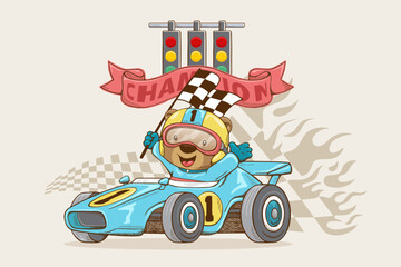 Vector illustration in hand drawn style, cute bear in racer costume on racing car holding finish flag, race car elements