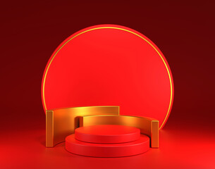 3D rendering, empty podium platform for product display on red background in Chinese style, decoration, interior view, pedestal display and golden ornament
