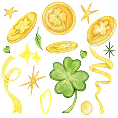 Set for st. Patrick's day with green clover leaf and golden coins. watercolor hand draw illustration. white isolated background.