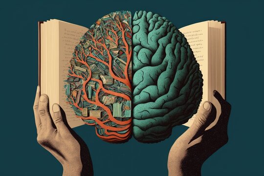 Education concept. Hands holding a book on which appears brain full of ideas and knowledge. Generative AI illustration.