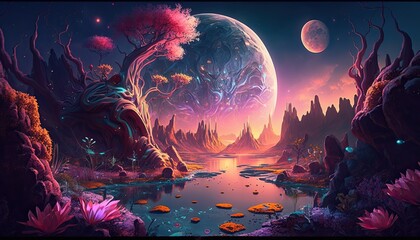 Fototapeta na wymiar A fantasy world, magic, surreal, ultra detailed, stunning, colorful, digital art, creative, unique planet, Generative ai
