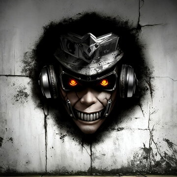 On the wall, with cracks, on an abandoned street, there is a portrait of a monkey in a fashionable hat and mask, painted in steampunk style. Evil eyes, steampunk, big headphones in my ears. the paint 