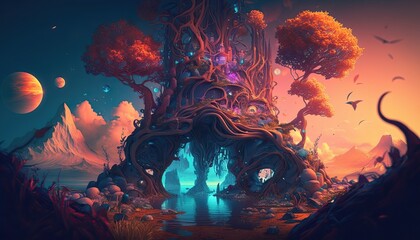Fototapeta na wymiar A fantasy world in enchanted fairy tale background, colorful space, digital art, creative, unique planet, Generative ai